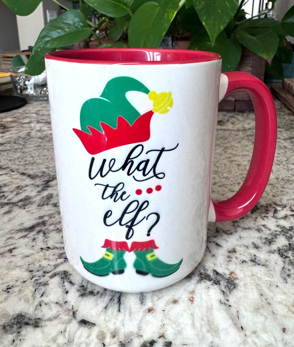 What the Elf? Christmas Mug for Holiday Coffee & More - Red Interior and Handle